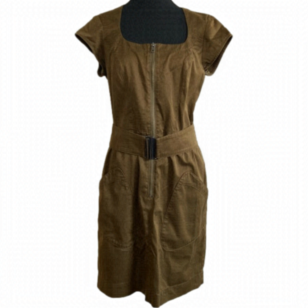 FRENCH Connection vintage olive green cotton tunic belted zip up dress. …